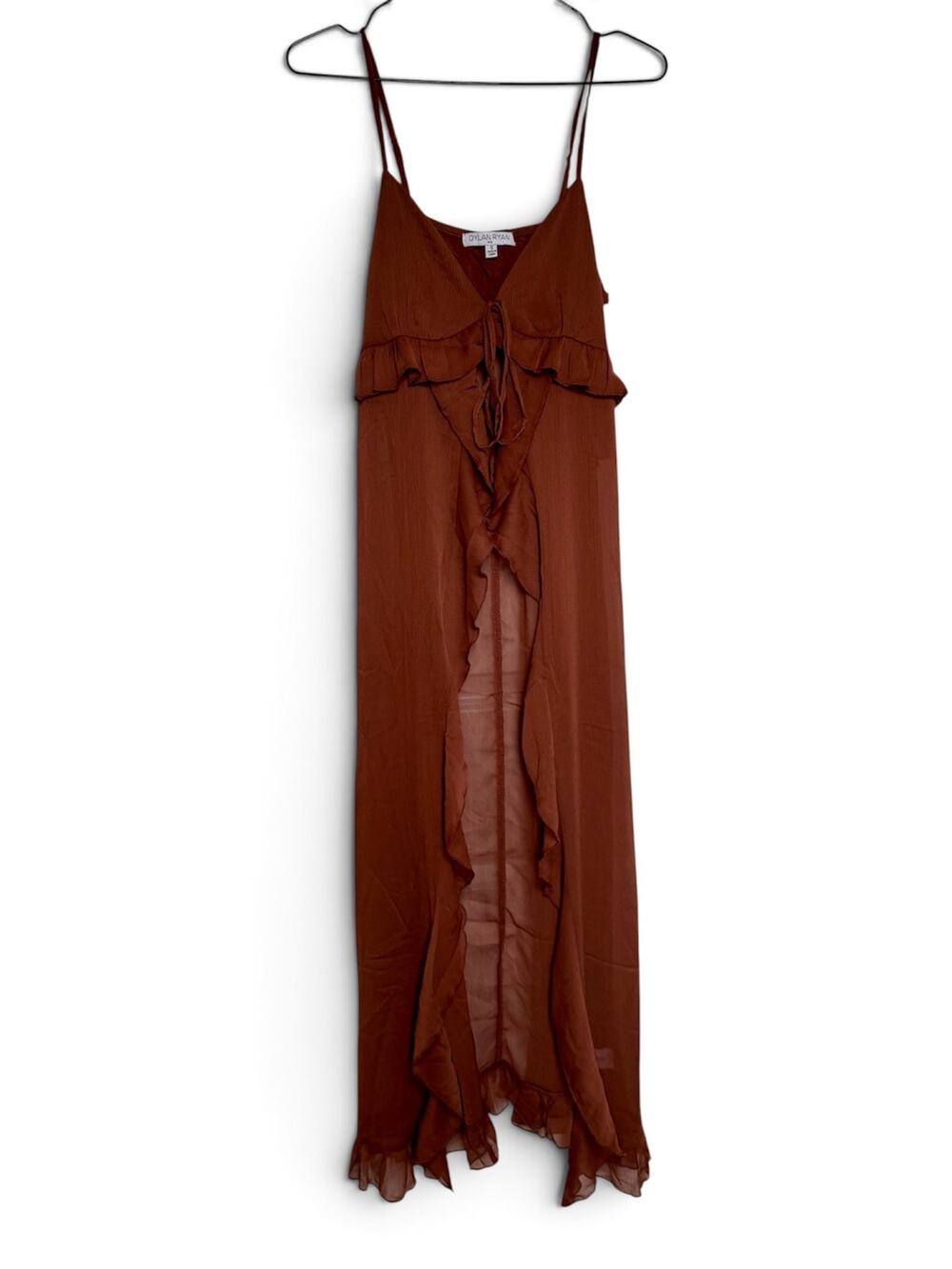 NWT Dylan Ryan NYC Sheer Ruffled Open Front Split Longline Top Brown Small